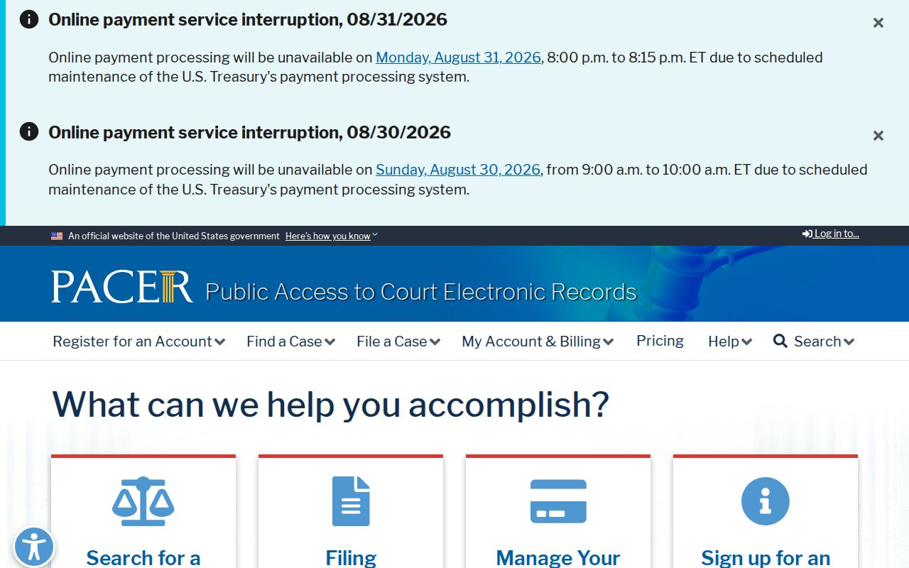 St. Charles County case search reference showing the PACER federal court access interface
