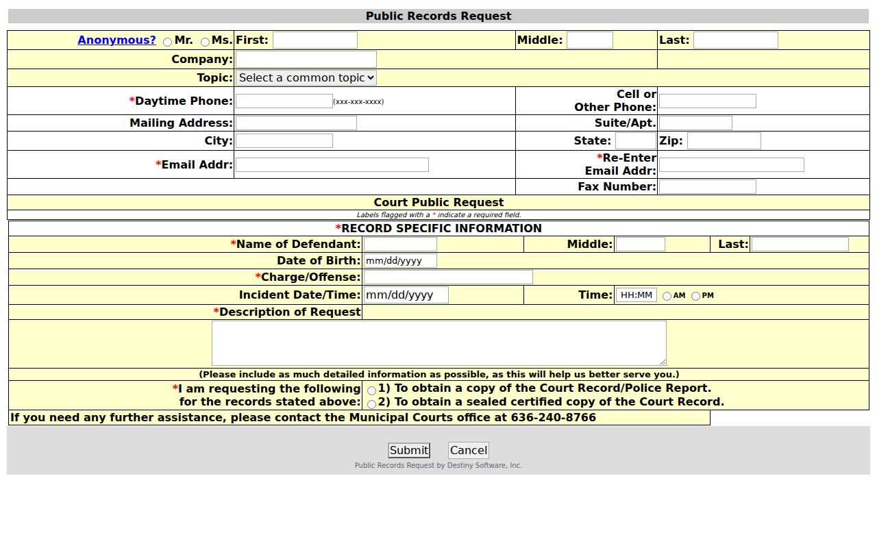 St. Charles County court records reference showing the O'Fallon Municipal Court request form